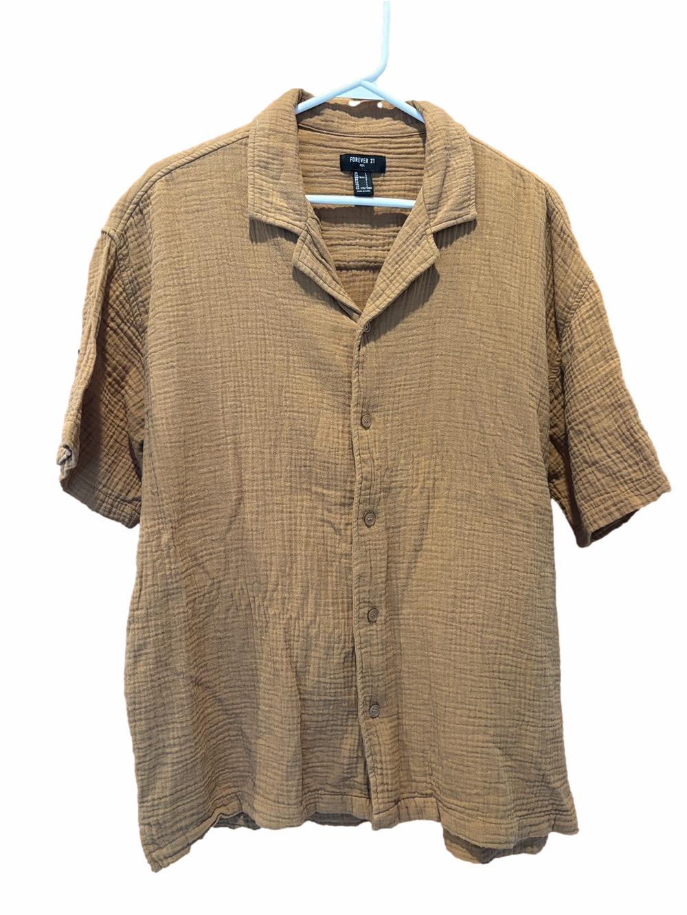 Forever 21 Men's Tan/Brown Gauze Button-Down Short-Sleeve Shirt Size Large